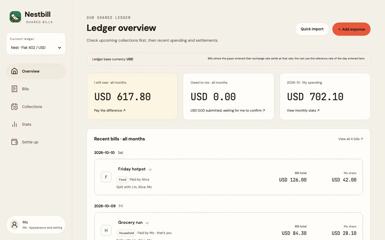 Nestbill web ledger overview