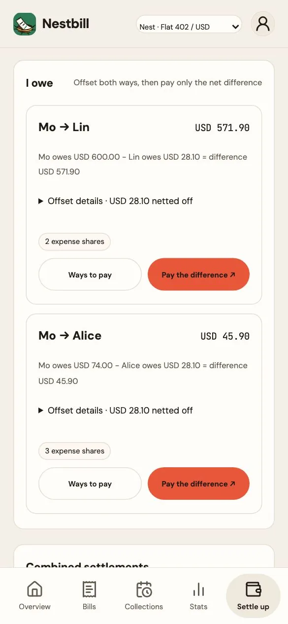 Nestbill settle-up: pay only the net difference